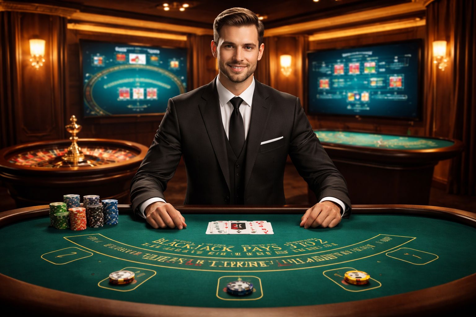 CK44 professional live dealer table with cards and roulette layout