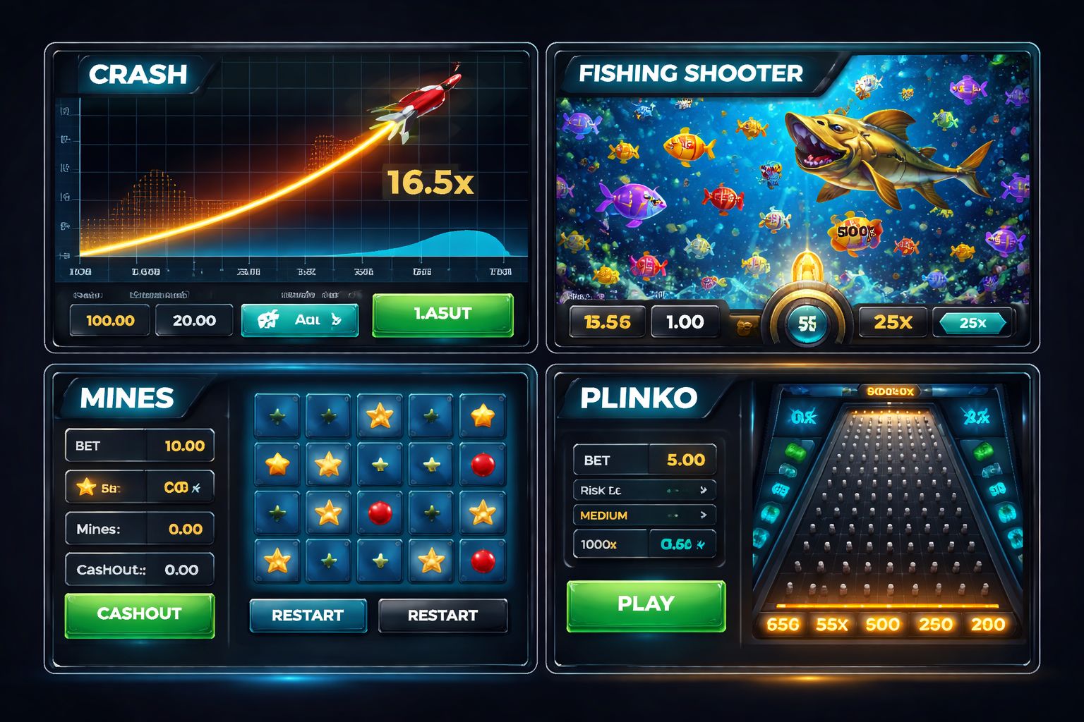 CK44 crash, mines, Plinko and fishing game interface